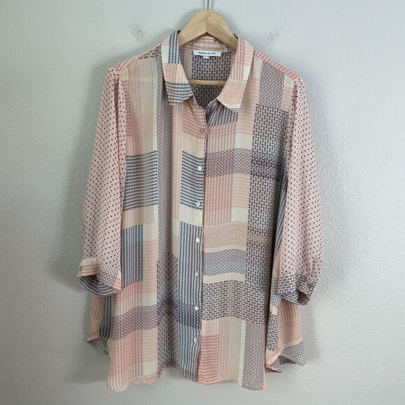 Rose+Olive Womens Plus 2X Button Up Blouse Patchwork Pattern 3/4 Sleeve Shirt - Picture 6 of 10